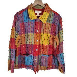 Vtg Boho Art to Wear Jacket Womens Size XL Multicolor Textured Cotton Buttons